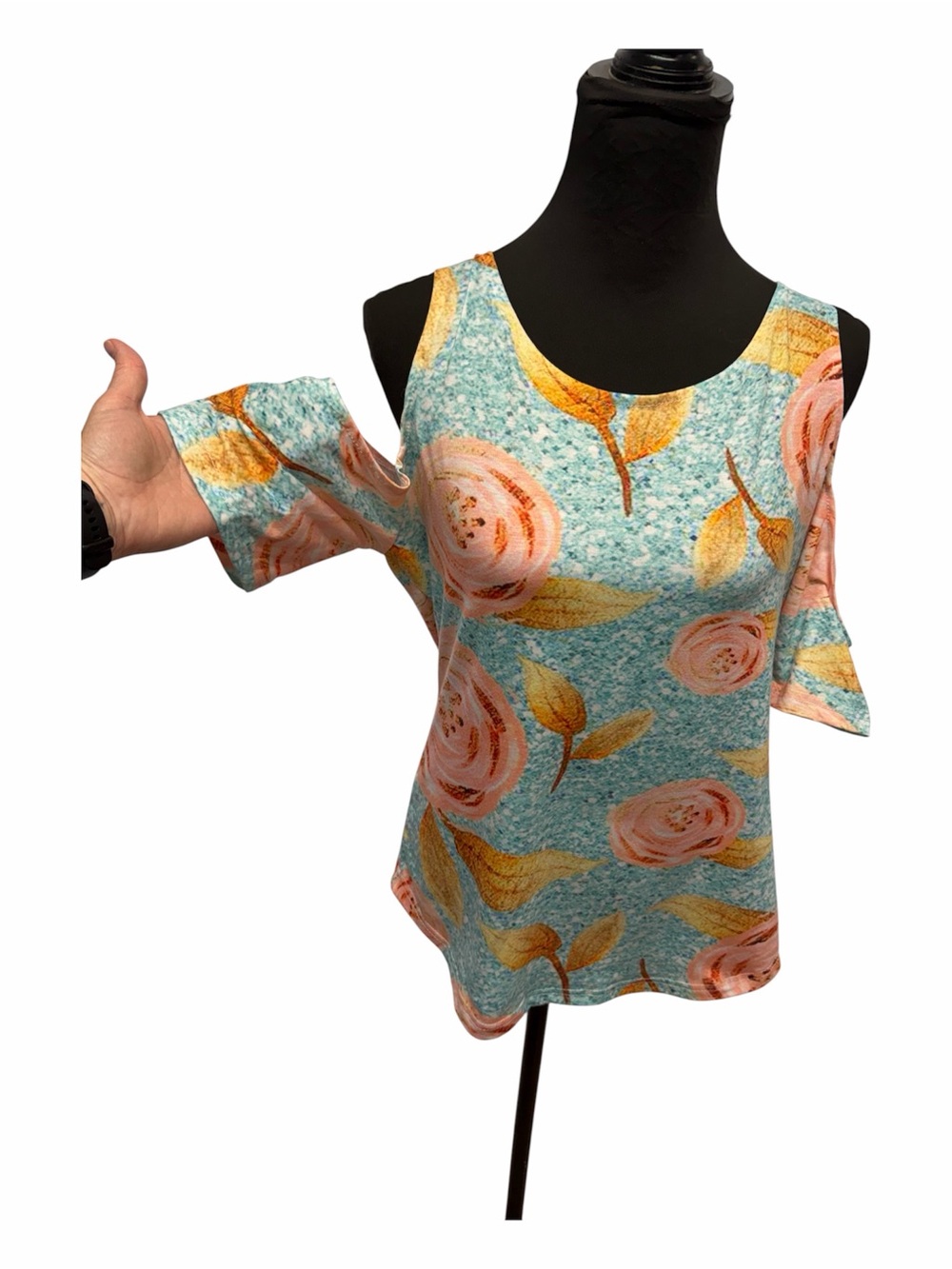 Unbranded Teal Floral Print Cold Shoulder Top Cottagecore